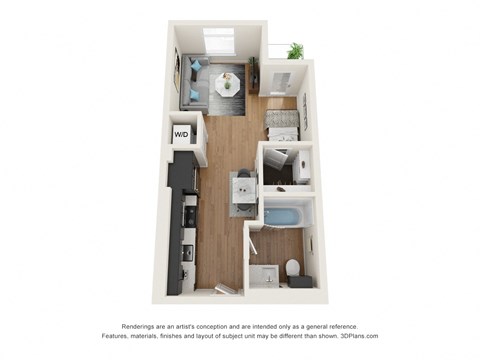 Floor plan for studio, 1 bath, 490 sqft